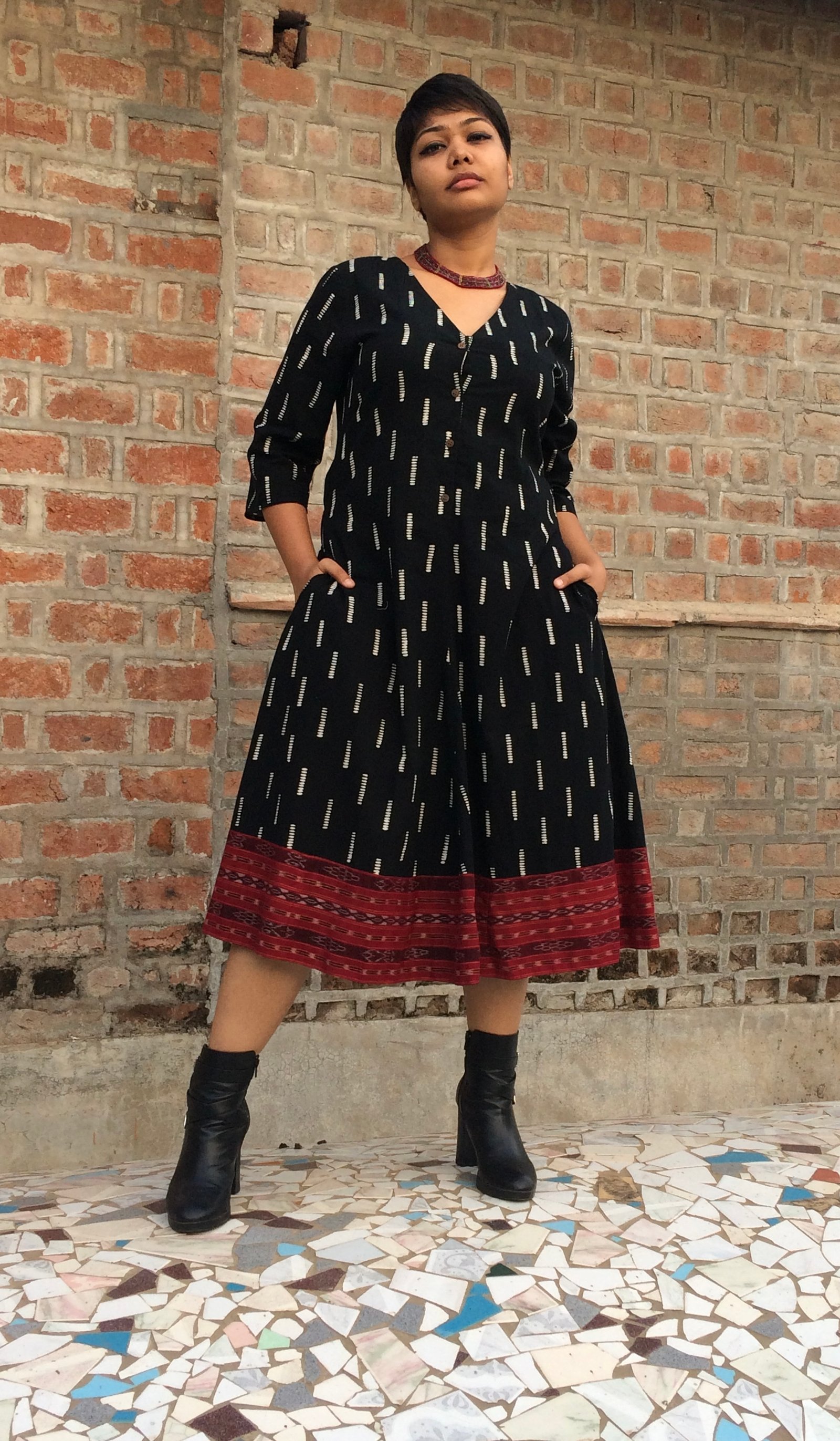 Dress Hand Block Print & Ikat Border